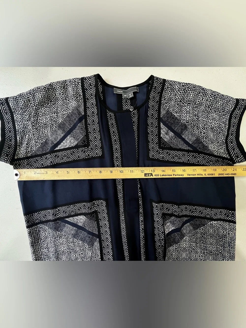 Vince 100% Silk Geometric Navy Blue Black White Shift Dress Sz XS